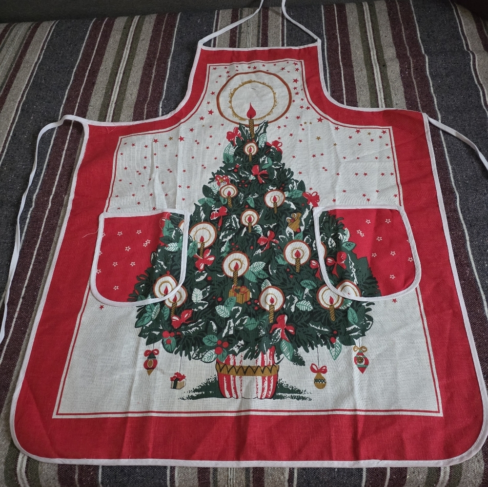 Vintage Mid Century/christmas Apron/cotton Linen/vintage Tree And Ornaments.